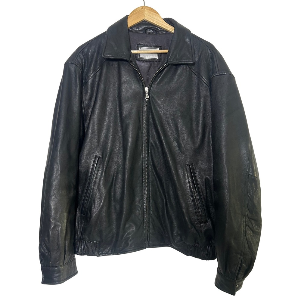 Vintage 90s Hathaway Leather Jacket Women XL Black Full Zip Bomber Coat